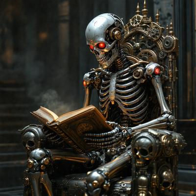 The primary subject of the image is a skeleton sitting in a chair and reading a book. The setting is a dark room with a chair and a book. The visual style is a digital art or illustration, creating a creepy and eerie atmosphere. The colors are predominantly dark, with the skeleton being the main focus, and the book and chair being in shades of gray.